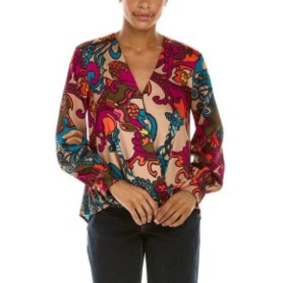 Trina Turk Laurynn Surplice Colorful Retro Floral Print Blouse Top Sz Small EUC - Picture 7 of 10